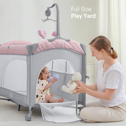 ADOVEL Baby Bassinet Bedside Crib, Pack and Play with Mattress, Diaper Changer and Playards from Newborn to Toddles, Pink