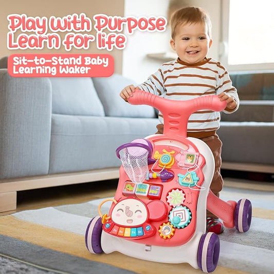 CUTE STONE Baby Walker for Boys Girls, 2 in 1 Sit-to-Stand Learning Walker and Activity Center, Baby Walking Toy, Early Learning Push Toy Gift for Infant