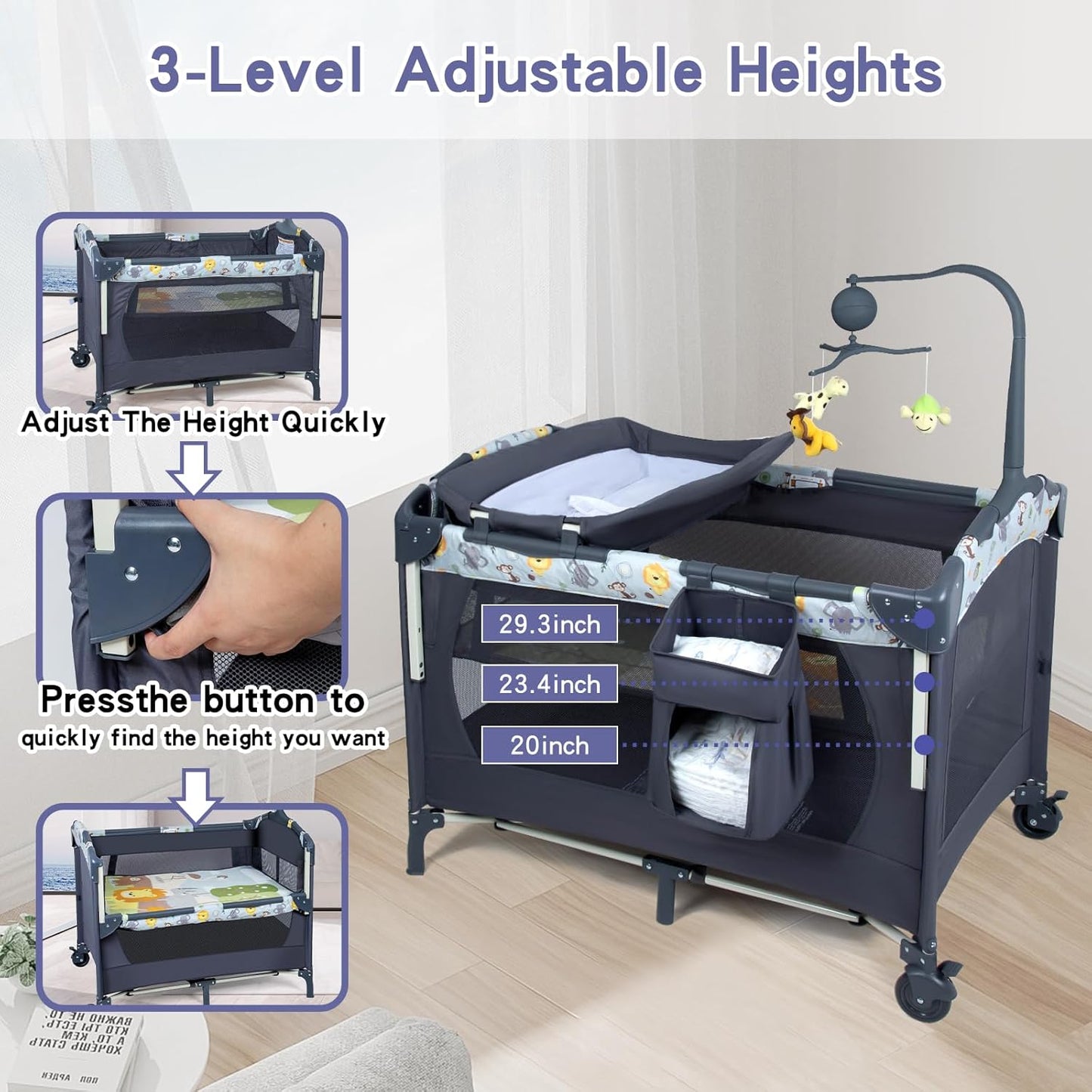 SIMPLGIRL 5-in-1 Baby Bassinet Bedside Crib, Pack and Play Long Next to Parents Bed Crib, Foldable Playard, Playpen Travel Bed Nursery Center for Girl Boy Infant Newborn