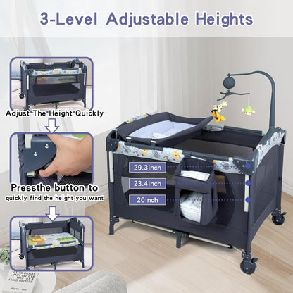 SIMPLGIRL 5-in-1 Baby Bassinet Bedside Crib, Pack and Play Long Next to Parents Bed Crib, Foldable Playard, Playpen Travel Bed Nursery Center for Girl Boy Infant Newborn