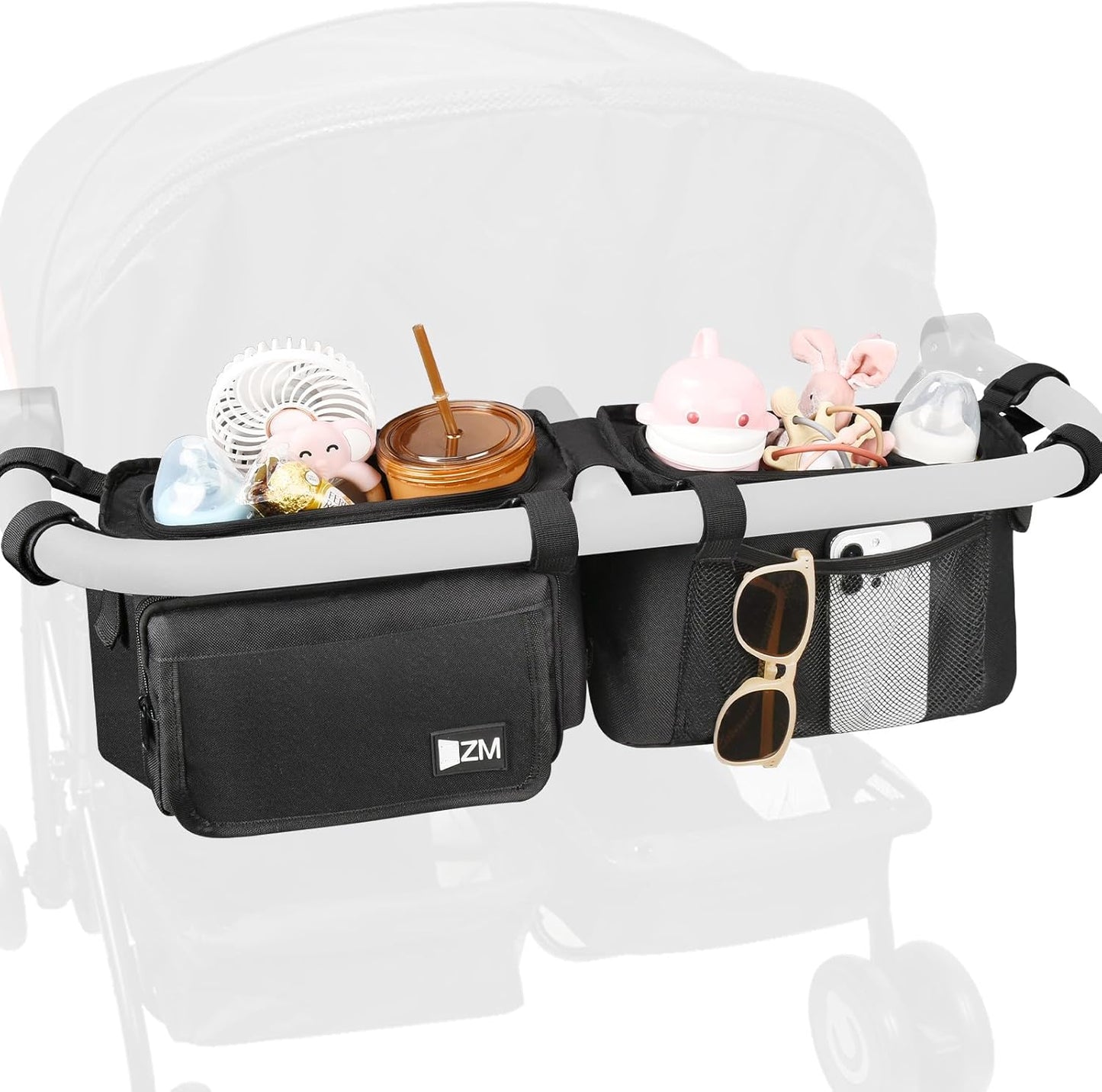ZZM Double Stroller Organizer with 2 Cooler Pockets,Compatible for Bob Duallie, Jeep and Baby Jogger City Mini GT2, Double Baby Stroller Accessories, Parent Console Double Jogging Stroller Organizer