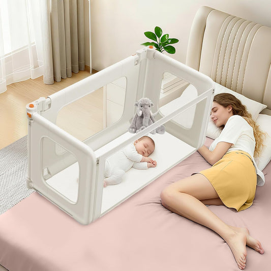 3 in 1 Bedside Bassinet, 69.26" x 19.29" Baby Bassinets Bedside Sleeper with Mosquito Net + Storage Bag + Child Lock, Baby Crib & Toddler Bed Rails for Twin, Full, Queen, King Size, Beige