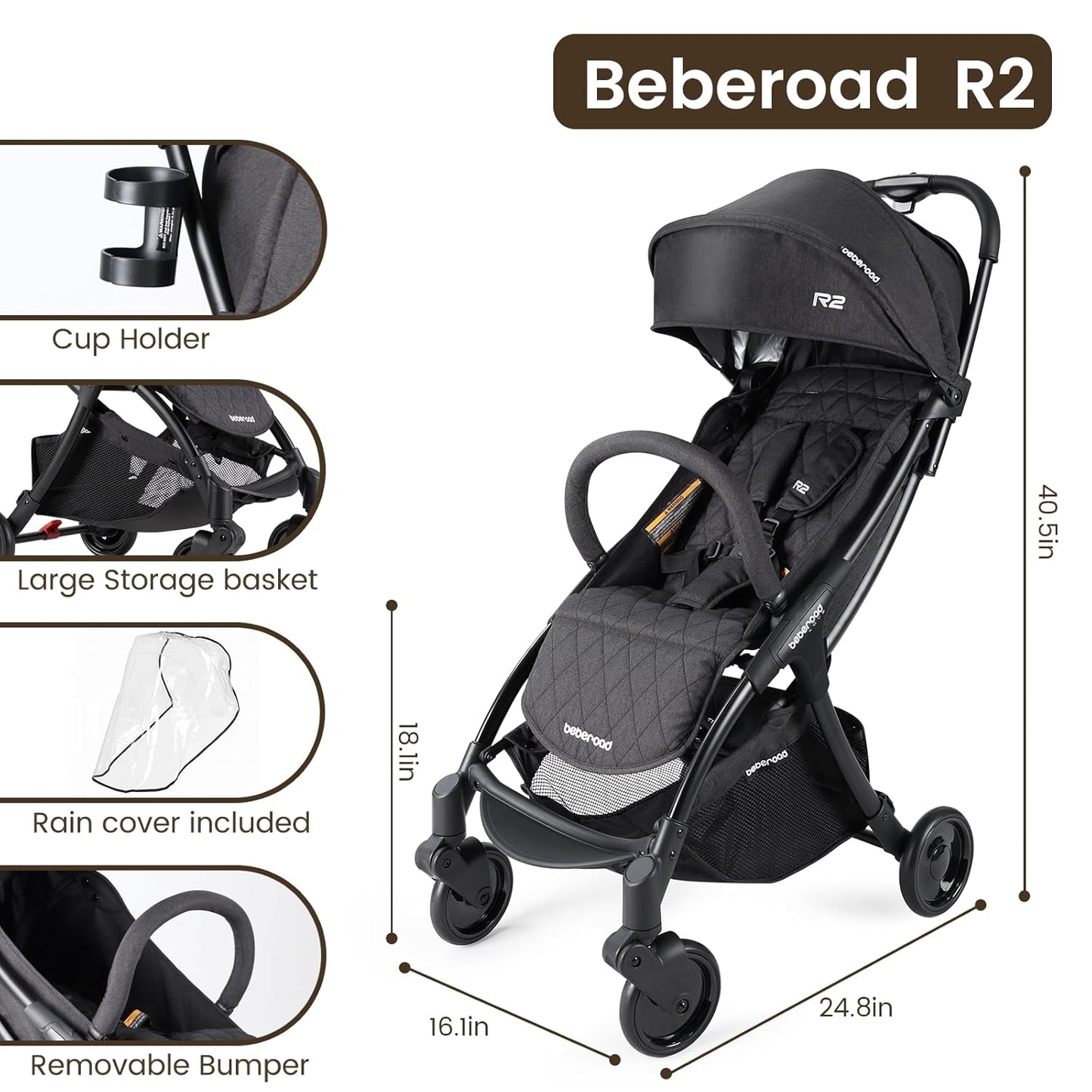 Beberoad Lightweight Baby Stroller for Airplane R2 Small Travel Stroller Compact Strollers Foldable, Infant Toddler Stroller with Adjustable Backrest, Cup Holder and Waterproof Canopy, Black