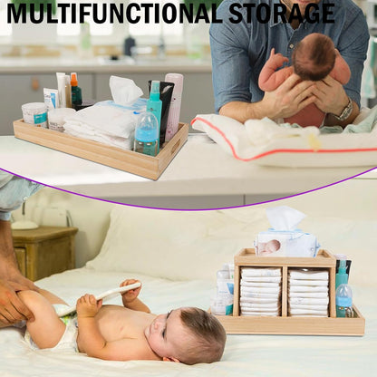 Diaper Caddy Organizer, Changing Table Organizer, Wooden Diaper Organizer for Nursery, Baby Diaper Storage Organizer with Removable Dividers (Brown, Rectangular Size)