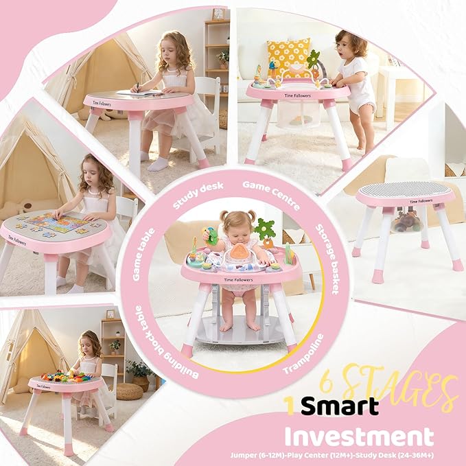 Time Followers® 6-in-1 Baby Activity Center | 4 Stage Montessori-Inspired Toys | Grow Stationary Standing Toddler Table | Jumpers & Bouncers | Must Have for Boy & Girl 6, 12, 24+ Month Old (Pink)
