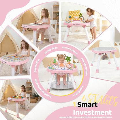 Time Followers® 6-in-1 Baby Activity Center | 4 Stage Montessori-Inspired Toys | Grow Stationary Standing Toddler Table | Jumpers & Bouncers | Must Have for Boy & Girl 6, 12, 24+ Month Old (Pink)