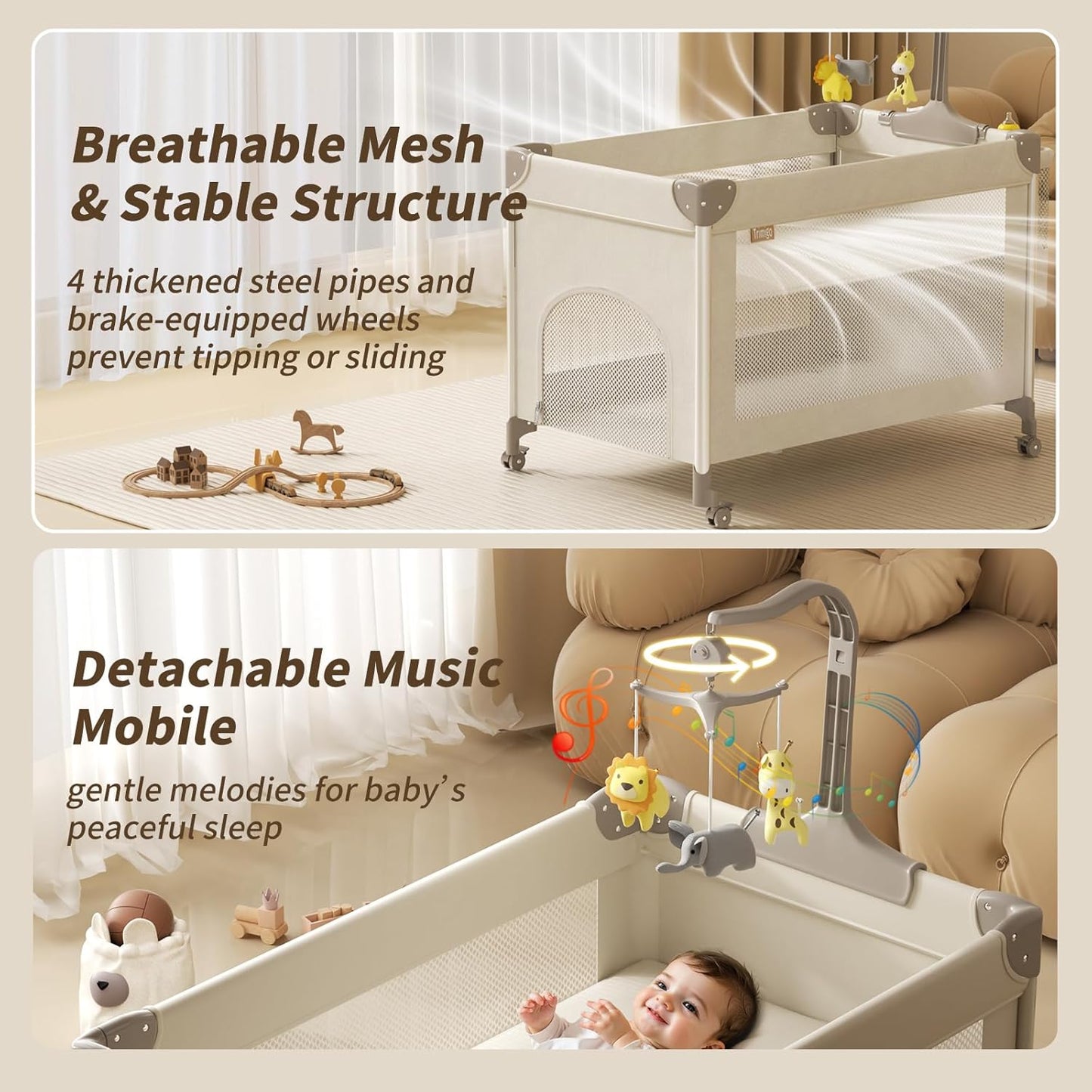 4-in-1 Baby Playard, Pack and Play: 4-Level Height-Adjustable Bedside Bassinet, One-Touch Foldable Travel Crib with Changing Table, Music Mobile & 4 Locking Wheels for Newborn to Toddler