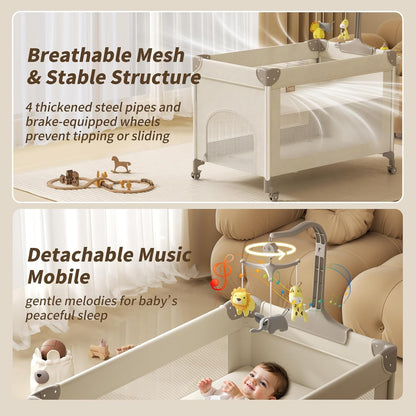 4-in-1 Baby Playard, Pack and Play: 4-Level Height-Adjustable Bedside Bassinet, One-Touch Foldable Travel Crib with Changing Table, Music Mobile & 4 Locking Wheels for Newborn to Toddler