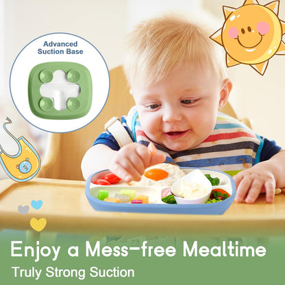 Domensi Kids Porcelain Plates with Silicone Sleeves 8.2 Inch Divided Porcelain Plate Toddler White Suction Dishes for Baby Troubleless Eating Microwave Dishwasher Safe(Stylish,3 Set)