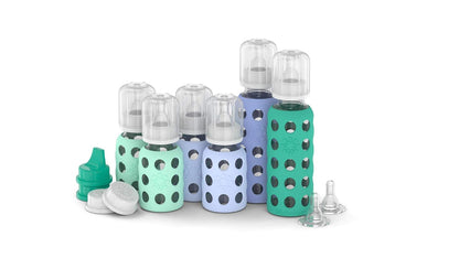 Lifefactory Baby Bottle Starter Set 10-Piece | 4 oz Mint & Blanket, 9 oz Kale & Blueberry | Includes Flat Caps, Sippy Caps, Stage 2 Nipples