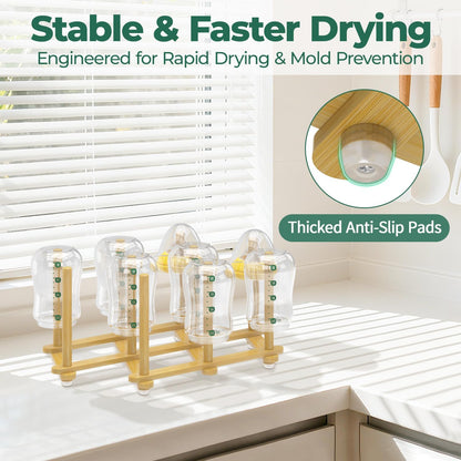 EsLuker.ly Baby Bottle Drying Rack Bamboo Vertical Dryer Holder, Space Saving for 12 Milk Glass Bottle Countertop, Wooden Drain Stand Shelf for New Parents