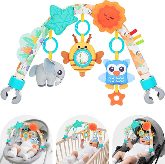 Baby Activity Stroller Arch Toys,Car Seat Toys for Adjustable Bouncer Arch Crib Bassinet Hanging Toys Mobile Clip on Stroller Developing Motor Infants Toddlers Skills with Rattle,Mirror,Teether Gift