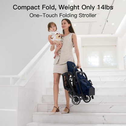 Gromast Compact Fold Baby Stroller, Lightweight Travel Toddler Stroller with One-Click Fold, Extendable UPF50+ Canopy, Cup Holder, UV Protected and Waterproof, One-Hand Folding - Blue