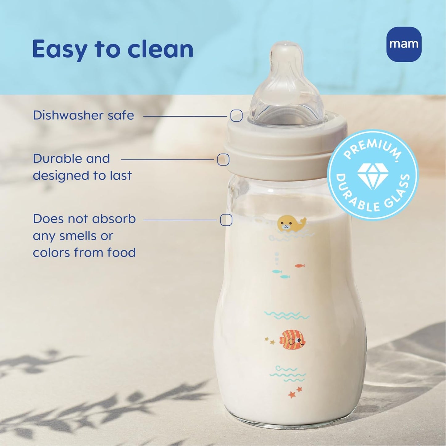 MAM 9oz Feel Good Pure Glass Anti-Colic Wide Neck Baby Bottle, Medium Flow Skin Soft Silicone Nipple, Easy to Clean, BPA Free, 2+ Months, Easy Switch Between Breast & Bottle, Made in Europe, 3 Pack