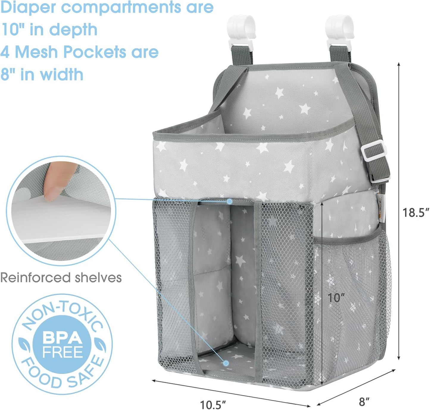 Maliton Changing Table Diaper Organizer - Baby Hanging Diaper Stacker Nursery Caddy Organizer for Cribs Playard Baby Essentials Storage (Gray)