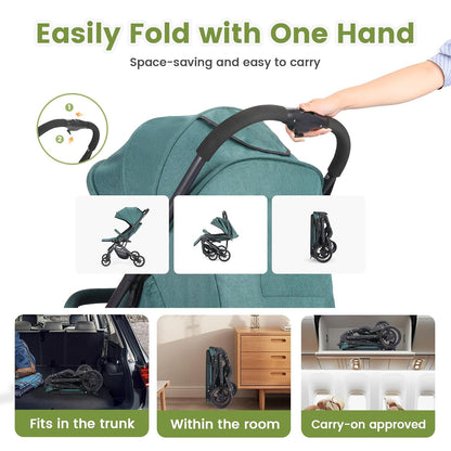 Compact Baby Stroller, Travel Toddler Seat Pushchair with Shock Absorbing Wheels, Foldable Infant Stroller with Canopy, One Button Brake, Convertible Infant Stroller for Toddler (Dark Grey)