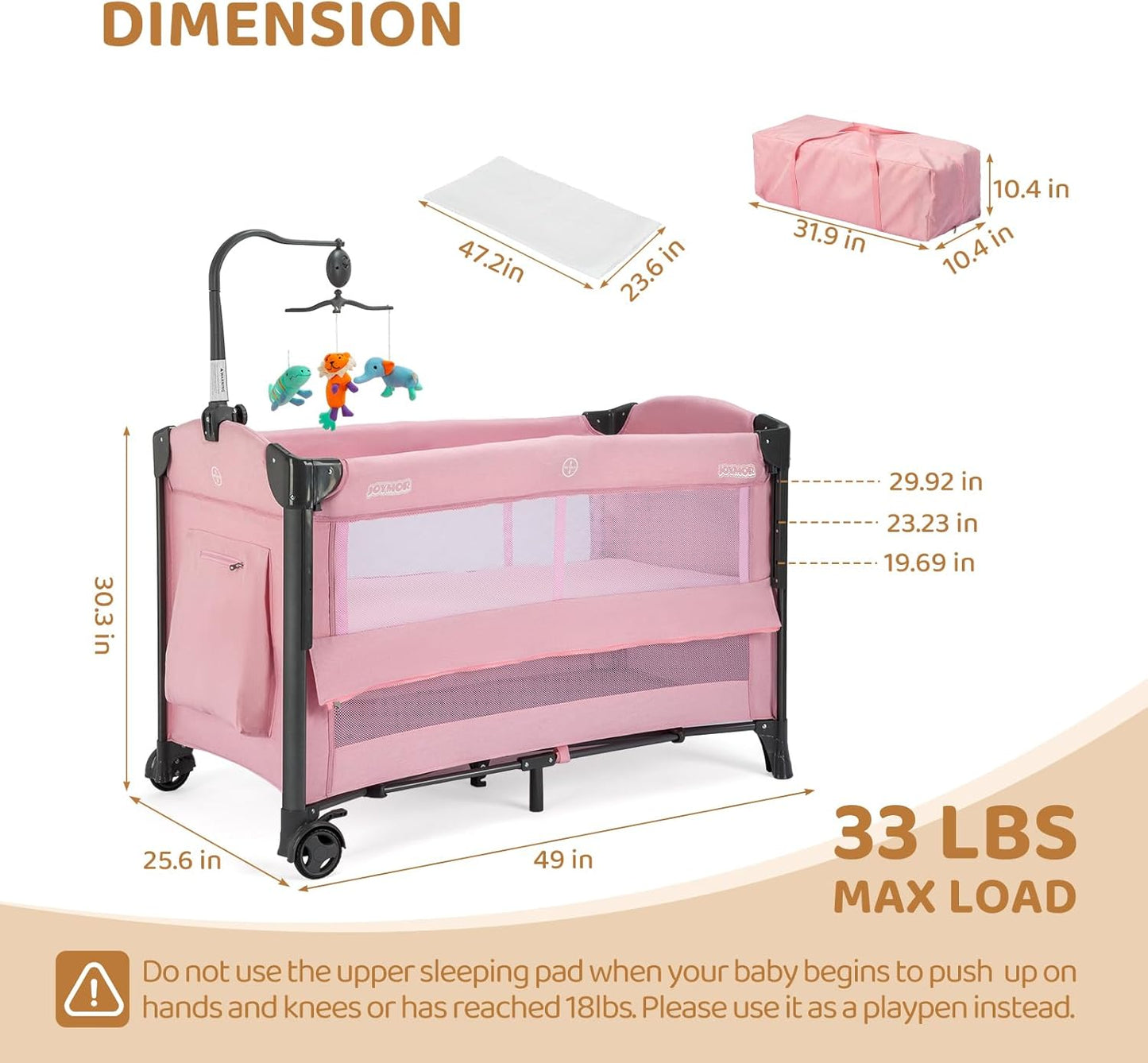 JOYMOR Baby Bedside Bassinet, Baby Bassinet, Pack n Play Convert Playpen, Quick Foldable Travel Bed with Wheels & Brake, Carry Bag for Boys Girls (Gray)