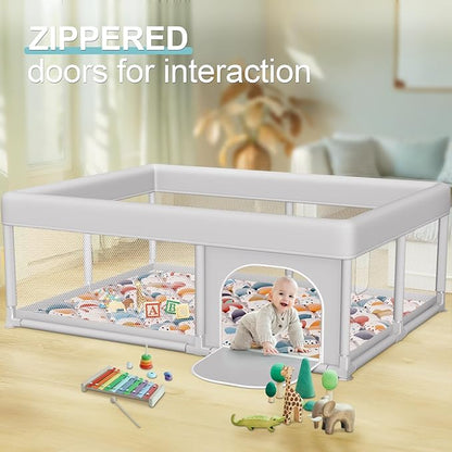 Hiaksedt Baby Playpen with Mat 65 x 50 Inch, PlayPen for Babies and Toddlers, Sturdy Safety Play Yard for Indoor & Outdoor with Zipper Gates