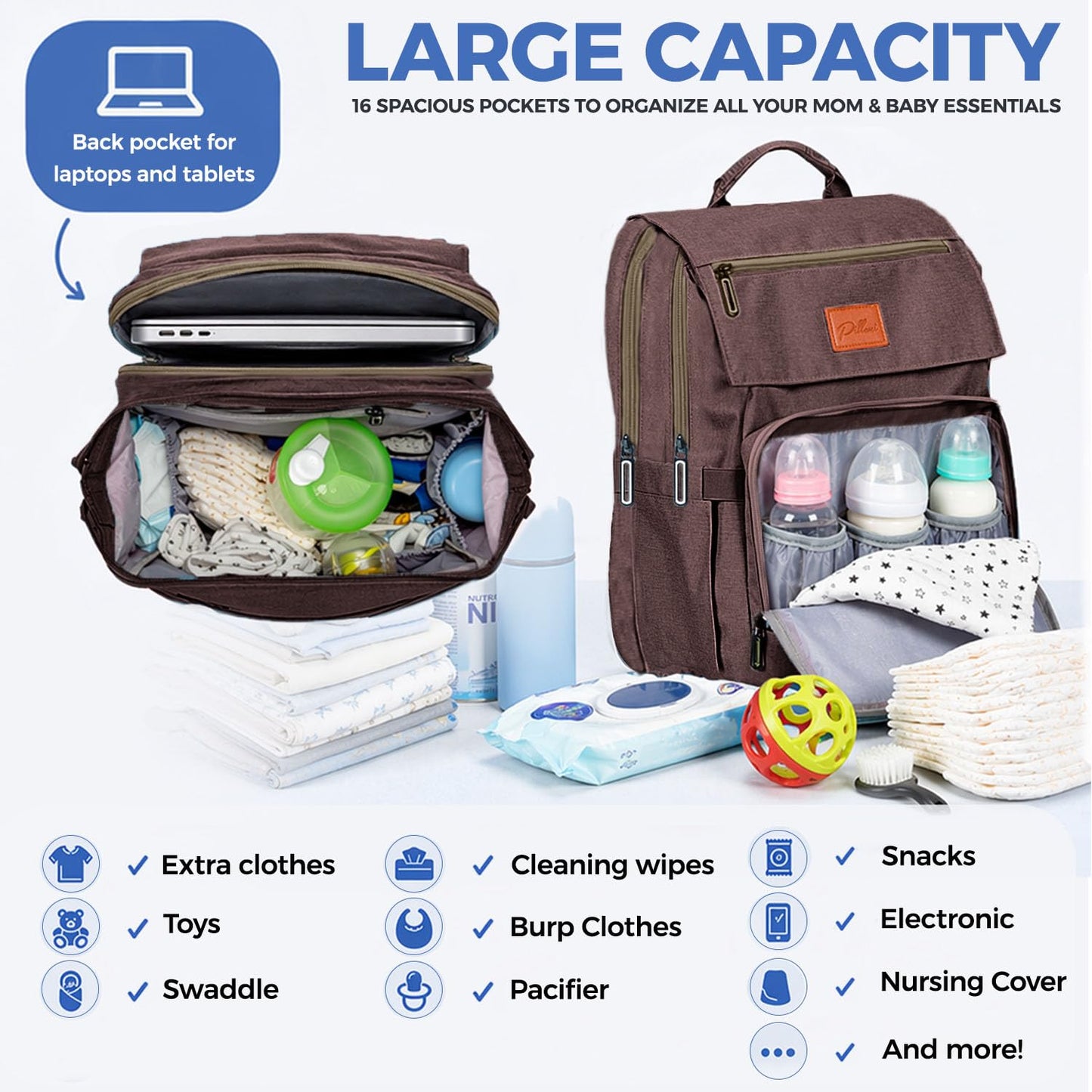 PILLANI Baby Diaper Bag Backpack - Large Waterproof Travel Diaper Bag for Boys & Girls, 16 Organizer Pockets with Changing Pad, Insulated Bottle Pockets & Stroller Straps, Baby Shower Gifts, Dinosaur