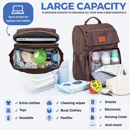 PILLANI Baby Diaper Bag Backpack - Large Waterproof Travel Diaper Bag for Boys & Girls, 16 Organizer Pockets with Changing Pad, Insulated Bottle Pockets & Stroller Straps, Baby Shower Gifts, Dinosaur