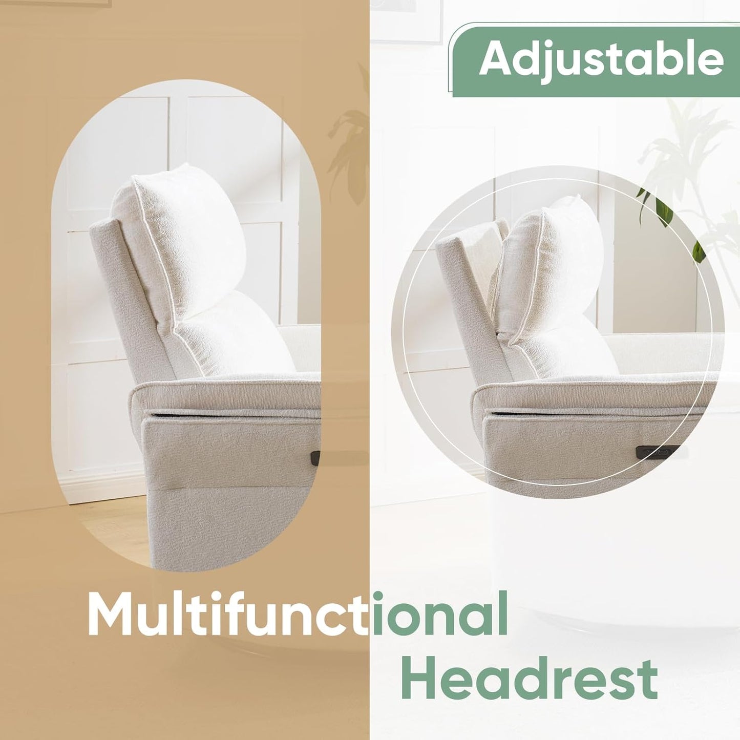 Oversized Swivel Rocker Recliner with Adjustable Headrest, Rocking Chair Nursery with Overstuffed Armrest, Manual Rocker Recliner Nursery Chair for Living Room, White