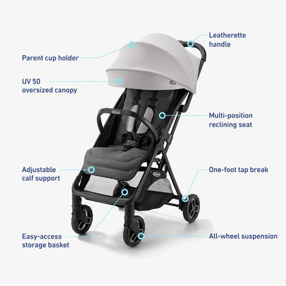 Graco Ready2Jet Compact Stroller – Overhead Friendly Compact Travel Stroller with Automatic Fold, Lilac Mod