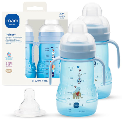 MAM 8 oz Trainer + Sippy Cup 2-Pack, 4+ Months 2-in-1 Baby Training Cup with Nipple & Silicone Spout, Spill Proof, BPA Free, Dishwasher Safe, Made In Europe