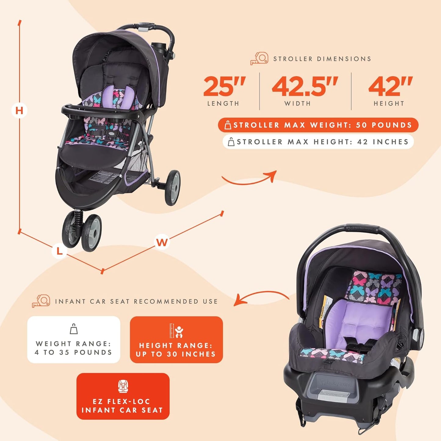 Baby Trend EZ Ride 35 Travel System, Stroller and Infant Car Seat Combo, Doodle Dots - Lightweight and Foldable Compact Design with One Hand Fold and Adjustable Handle
