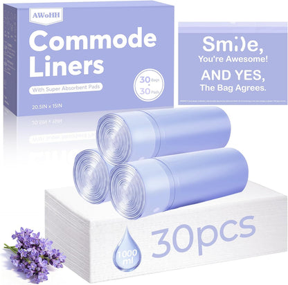 30 Pcs Bedside Commode Liners with Absorbent Pads, Tear-Free Leak-Proof Lavender Scented Commode Liners and Pads, Odor-Free Portable Toilet Liners & Potty Chair Bags for Disposable Adult, Bedpan