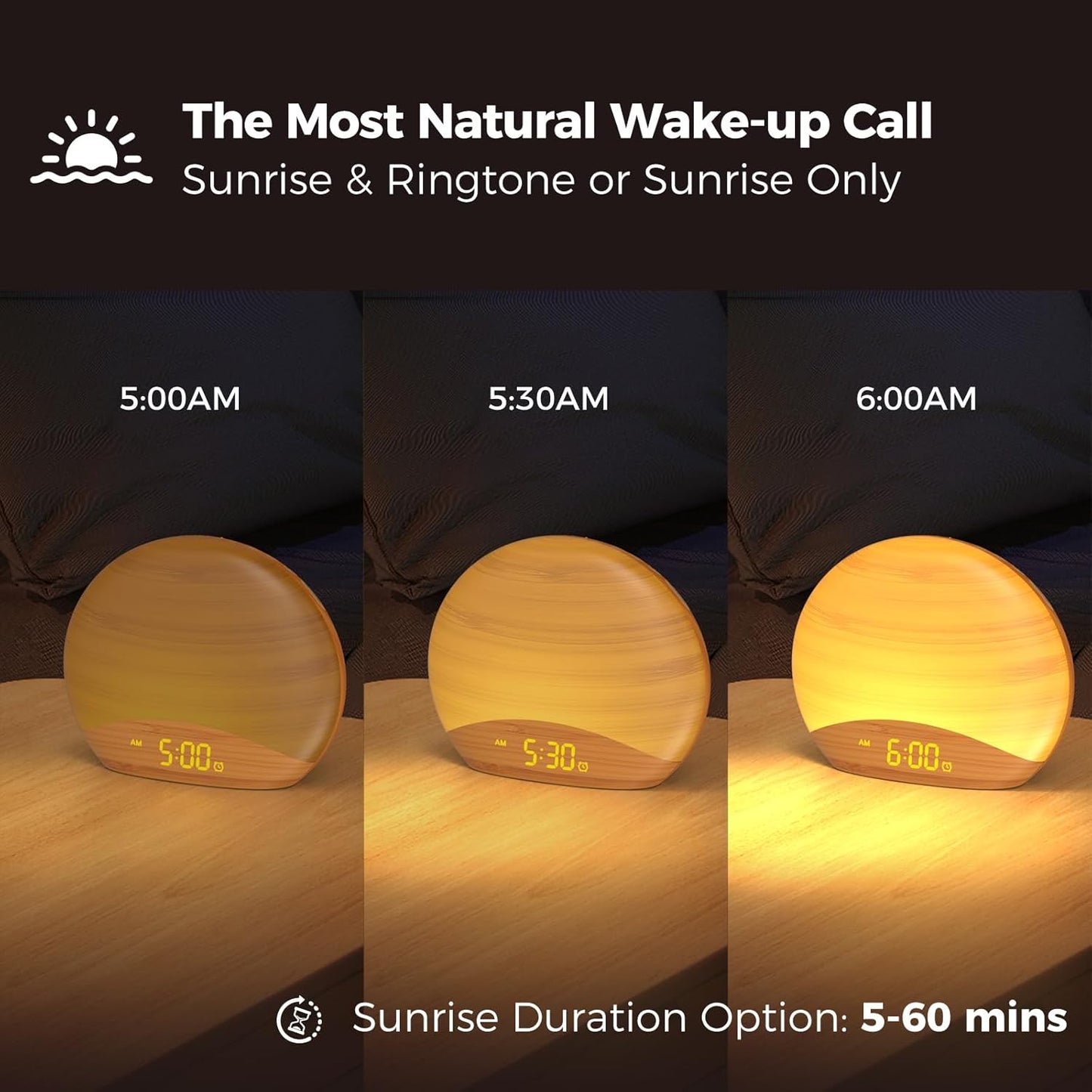 REACHER Wood Grain Sunrise Alarm Clock and Sound Machine Nightlight, Digital Dimmable Clock for Bedroom, 26 Sleep Sounds, White Noise Machine for Baby, Adults, Wake Up Light Alarm Clock for Kids