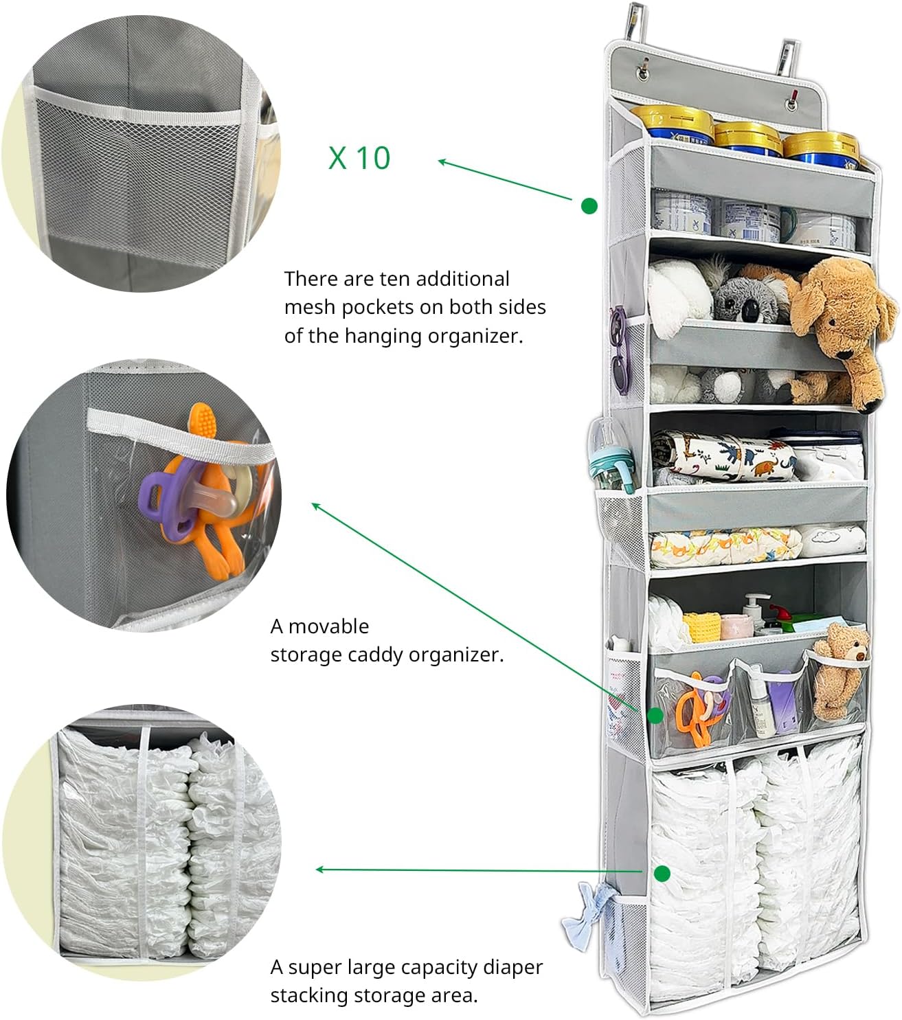 Door Hanging Storage Organizer,with 3 Bins 1 Movable Baby Diaper Caddy,1 Large capacity diaper stacking storage Organizer,10 Side Pockets ,Bedroom Door Storage for Nursery Baby Essentials. (Dark grey)