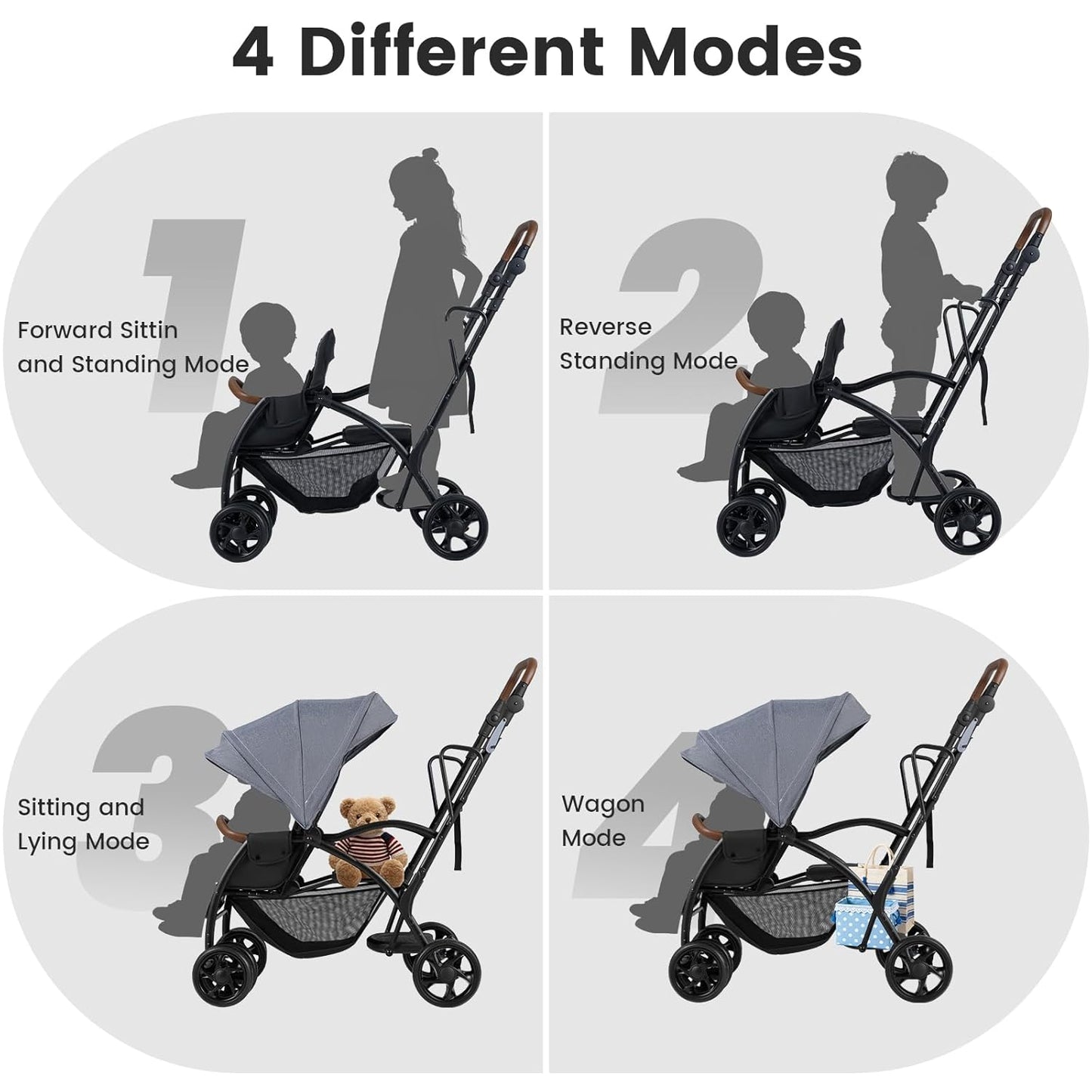 INFANS Sit and Stand Double Stroller, Foldable Tandem with Standing Platform Reclining Backrest, Adjustable Handlebar and Footrest, Storage Basket 5-Point Harnesses, Baby Pushchair for Toddlers