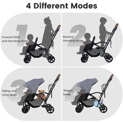 INFANS Sit and Stand Double Stroller, Foldable Tandem with Standing Platform Reclining Backrest, Adjustable Handlebar and Footrest, Storage Basket 5-Point Harnesses, Baby Pushchair for Toddlers