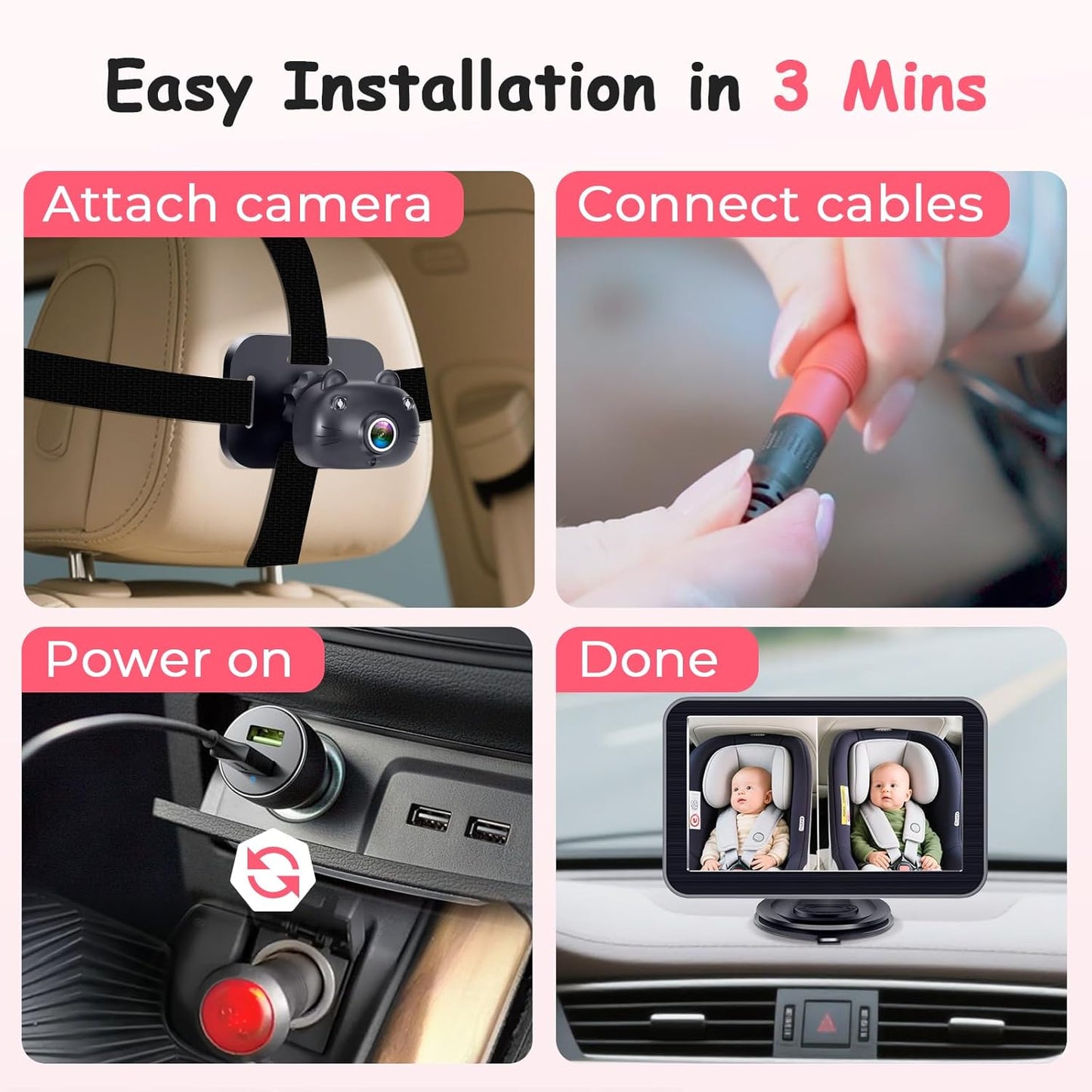 HD-1080P 2-Kids Baby Car Camera: Auto Night Vision Dual Backseat Cameras with 7” Split-Screen Recording Monitor - 360° Rotation, Easy Installion Without Tools for Twins & Siblings