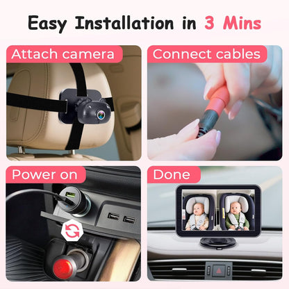 HD-1080P 2-Kids Baby Car Camera: Auto Night Vision Dual Backseat Cameras with 7” Split-Screen Recording Monitor - 360° Rotation, Easy Installion Without Tools for Twins & Siblings