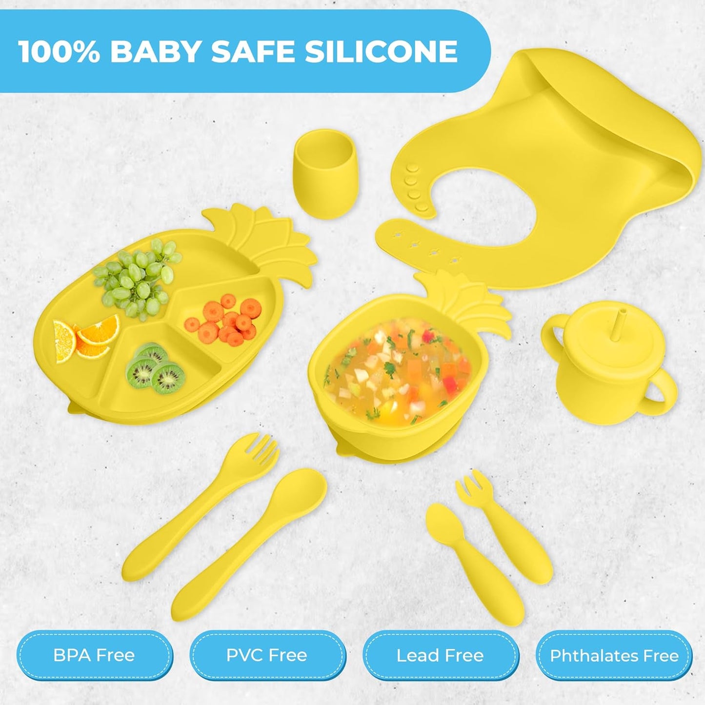 Silicone Baby Feeding Set - 9 Pieces - First Stage Solid Food Eating Baby Utensils - 6+ Months - Crab Shape