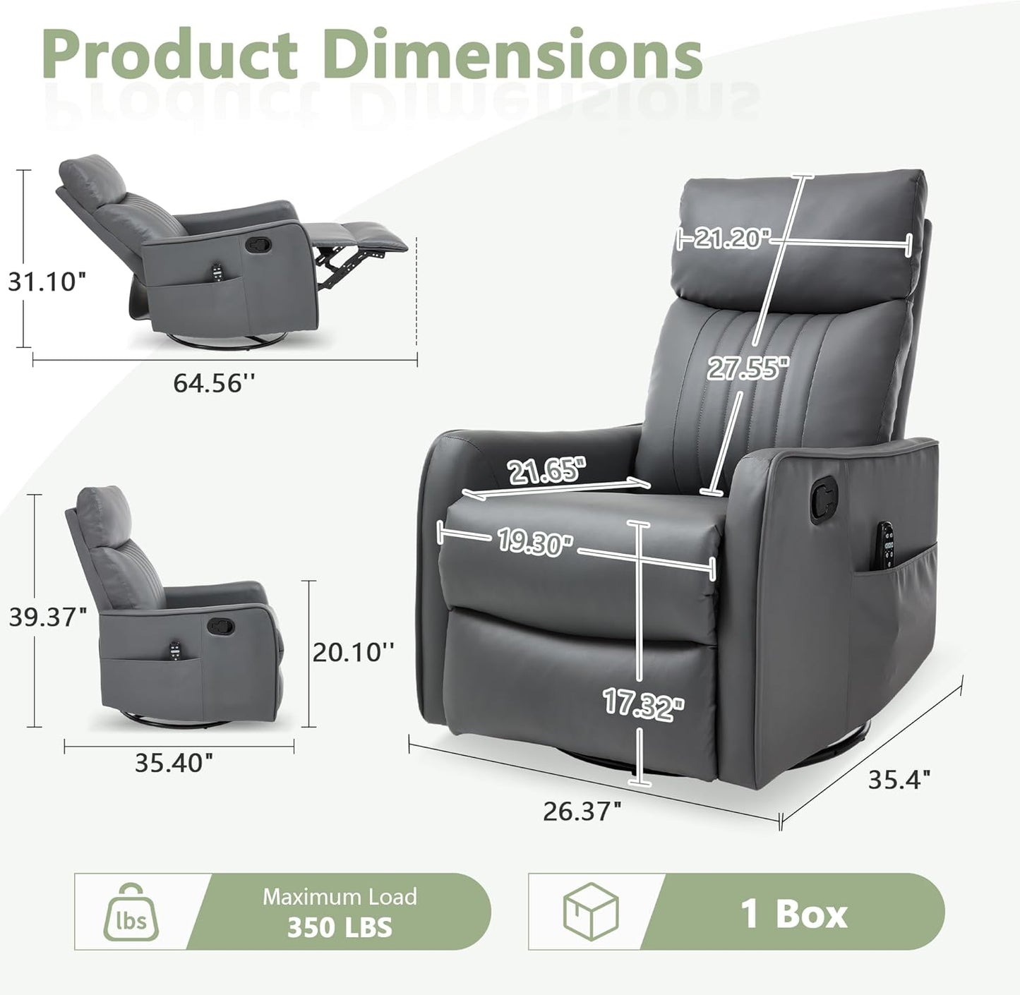 cinkehome Swivel Rocker Recliner, Glider Rocker Recliner Chair for Nursery, Manual Reclining Chair with Heated Massage, Small Spaces, Living Room, Khaki Chenille