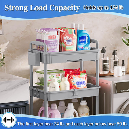 SUNALLY 3 Tier Rolling Cart with Drawer, Bathroom Storage Organizer with 2 Lockable Wheels, Multifunctional Rolling Storage Cart for Bathroom, Kitchen, Office, Craft, Makeup, Baby Essentials, White