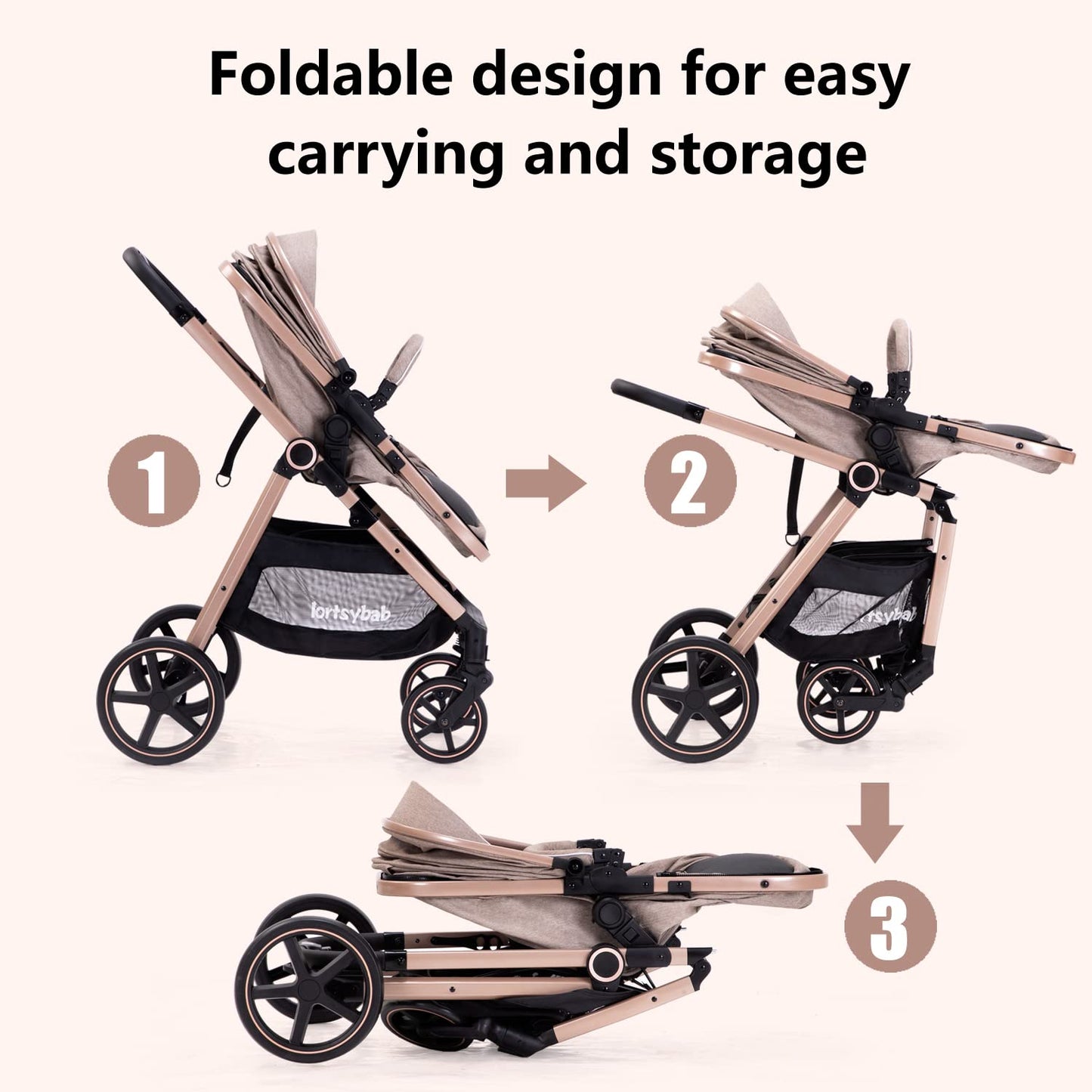 Lortsybab 2-in-1 Baby Stroller - Folding Infant Newborn Pram Stroller with Reversible Seat - Toddler Strollers for 0-36 Months Old Babies (Pink)