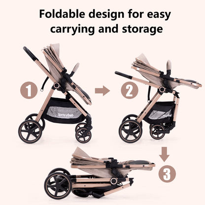 Lortsybab 2-in-1 Baby Stroller - Folding Infant Newborn Pram Stroller with Reversible Seat - Toddler Strollers for 0-36 Months Old Babies (Pink)
