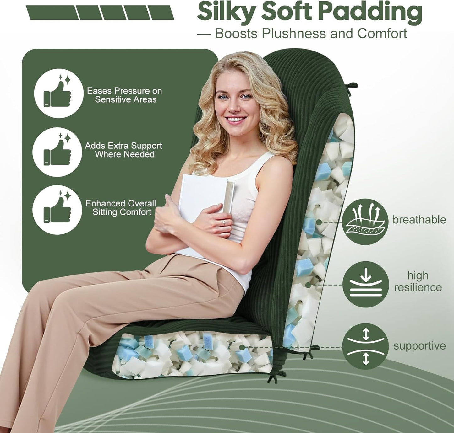 idee-home Wingback Rocking Chair Cushions Indoor, Glider Rocker Replacement Cushions with Removable Corduroy Cover, Wooden Adirondack Chair Pad Non-Slip Bottom Tufted Seat Pads with Ties, Green