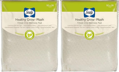 Sealy Baby Healthy Grow Plush Fitted Waterproof Infant Crib Mattress Protector Pad and Toddler Bed Cover, Organic Cotton and PolyBlend Top, Machine Washable and Dryer Friendly, 52” x 28”- White