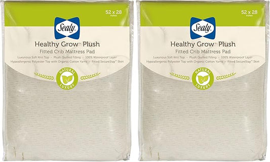 Sealy Baby Healthy Grow Plush Fitted Waterproof Infant Crib Mattress Protector Pad and Toddler Bed Cover, Organic Cotton and PolyBlend Top, Machine Washable and Dryer Friendly, 52” x 28”- White