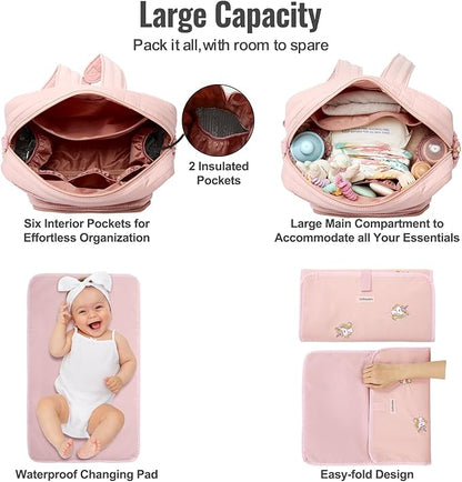 GOBABYMART Diaper Bag Backpack with Changing Pad - Travel Baby Bag, Insulated Bottle Pockets, Stroller Straps (Medium - Pink Unicorns)