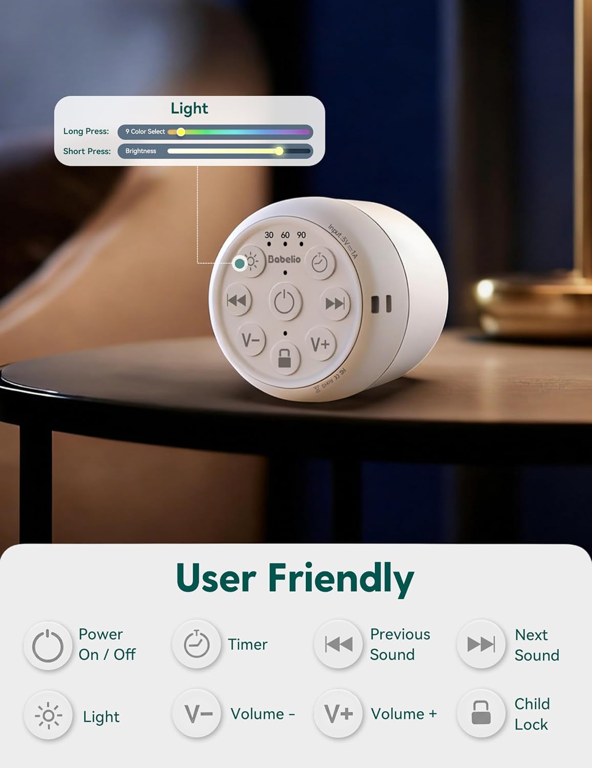 Babelio White Noise Sound Machine (Pocket Mini Pro) | 1000mAh Large Battery, 25 Non-looping Sounds for Adults, Kids & Babies, Timer, Memory Function, Pocket-Sized & Travel Essentials, White