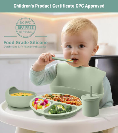 Silicone Baby Feeding Set, 10 Pcs Baby Led Weaning Supplies Baby Eating Essentials Set with Suction Bowl Divided Plate Adjustable Bib Soft Spoon Fork Cup with Lid Drinking Cup, Travel Bag (Blue)