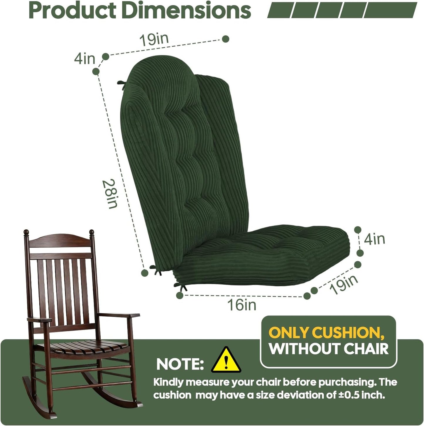 idee-home Wingback Rocking Chair Cushions Indoor, Glider Rocker Replacement Cushions with Removable Corduroy Cover, Wooden Adirondack Chair Pad Non-Slip Bottom Tufted Seat Pads with Ties, Green
