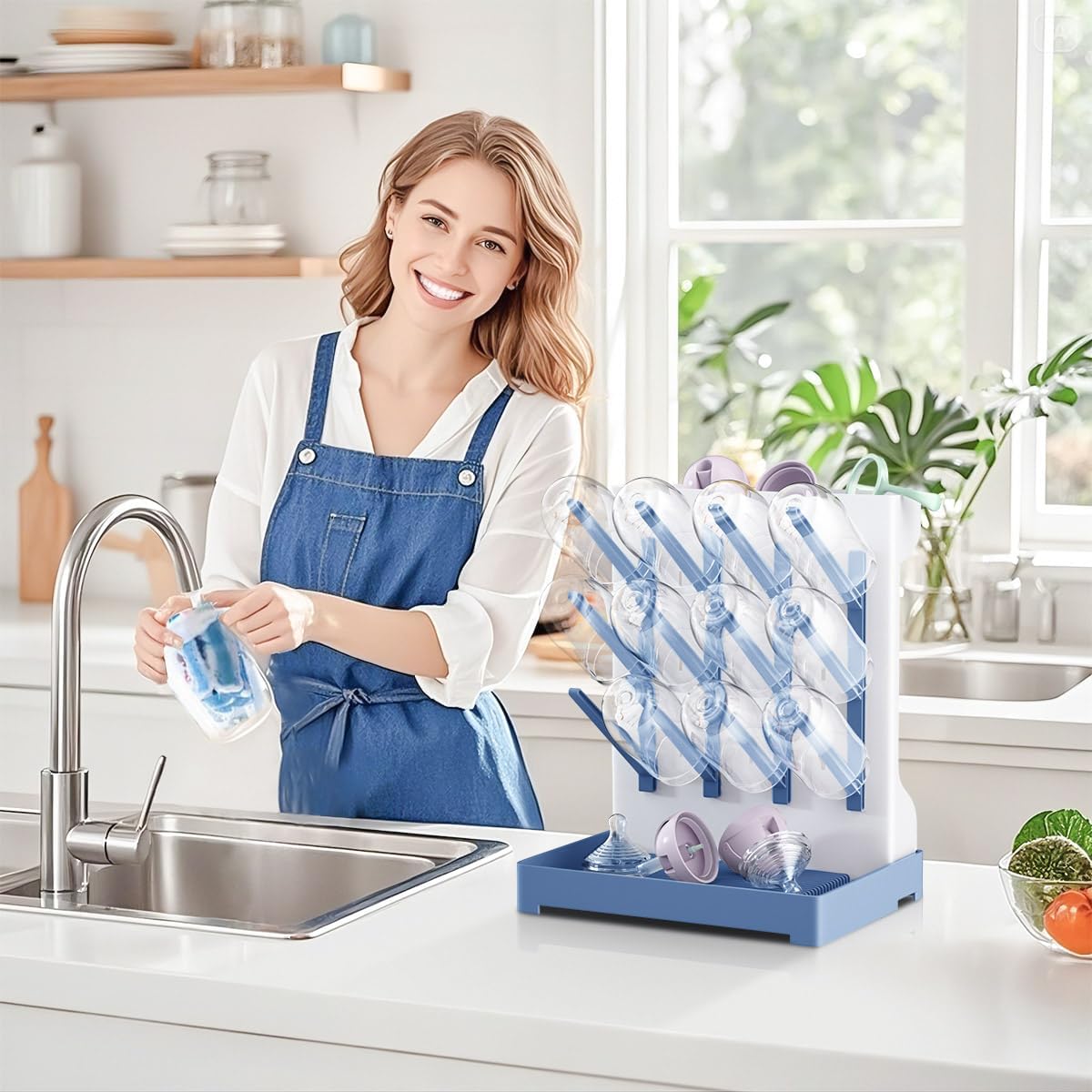 Baby Bottle Drying Rack: Vertical Space Saving Large Bottles Holder - Standing Boon Dryer Rack Baby Accessory - Countertop Holds Up to 12 Bottles & Pump Part Cleaning & Cup (Blue) (Gray)