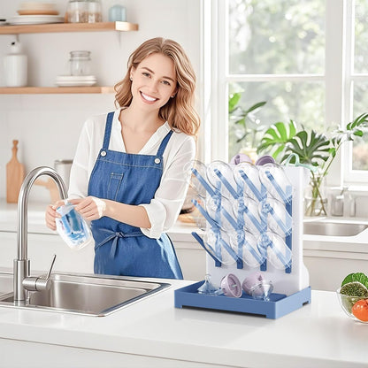 Baby Bottle Drying Rack: Vertical Space Saving Large Bottles Holder - Standing Boon Dryer Rack Baby Accessory - Countertop Holds Up to 12 Bottles & Pump Part Cleaning & Cup (Blue) (Gray)