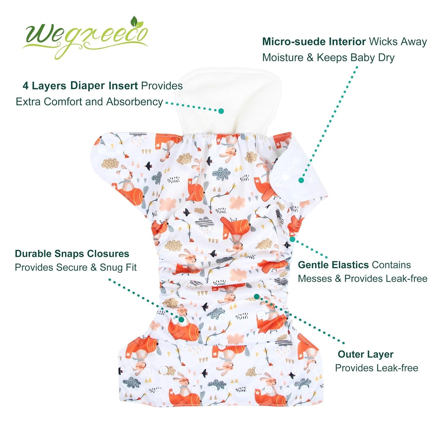 wegreeco Cloth Diapers 6 Pack with 6 Inserts & 1 Wet Bag, Washable Cloth Diapers for Babies, One Size Adjustable Reusable (Flower)